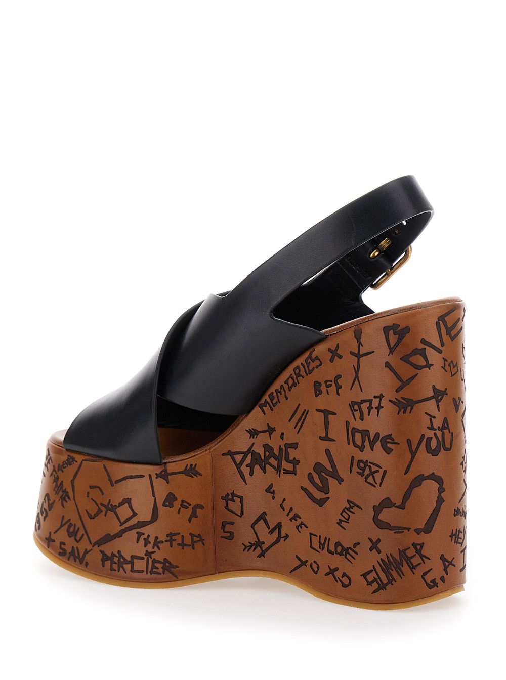 Chloe Maxime Wedges with High Engraved Heel and Black Leather Cross-Strap Thong Sandals for Women Size US 8 / IT 38 - 3 Thumbnail