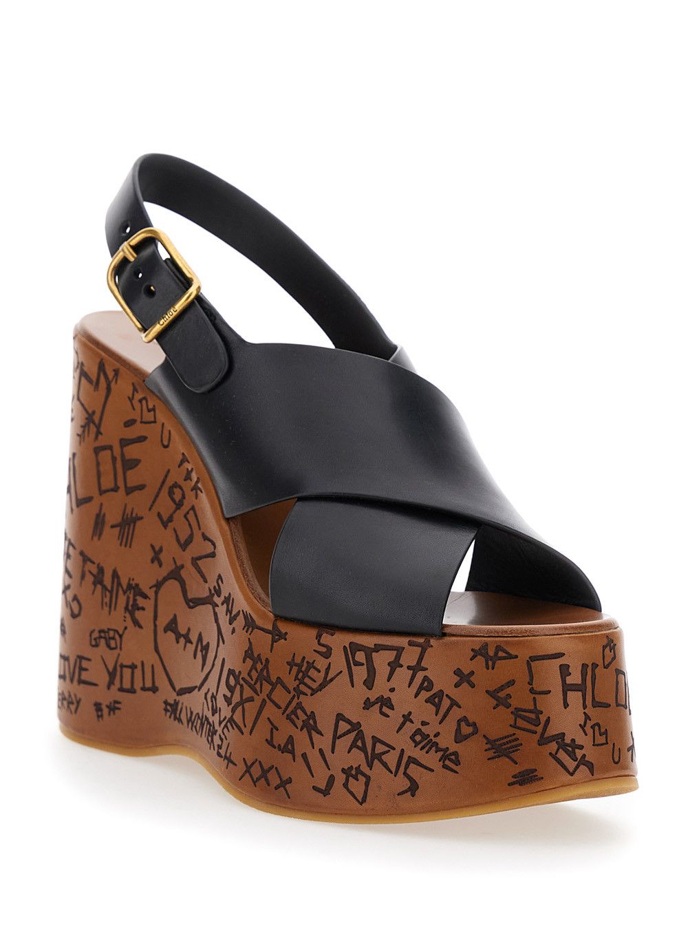 Chloe Maxime Wedges with High Engraved Heel and Black Leather Cross-Strap Thong Sandals for Women Size US 8 / IT 38 - 2 Thumbnail