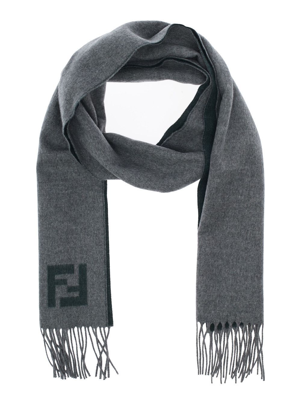 Fendi Gray 'FF' Scarf with Fringed Edge and FF Embroidery on the Front in Wool and Cashmere for Men Size ONE SIZE - 2 Thumbnail