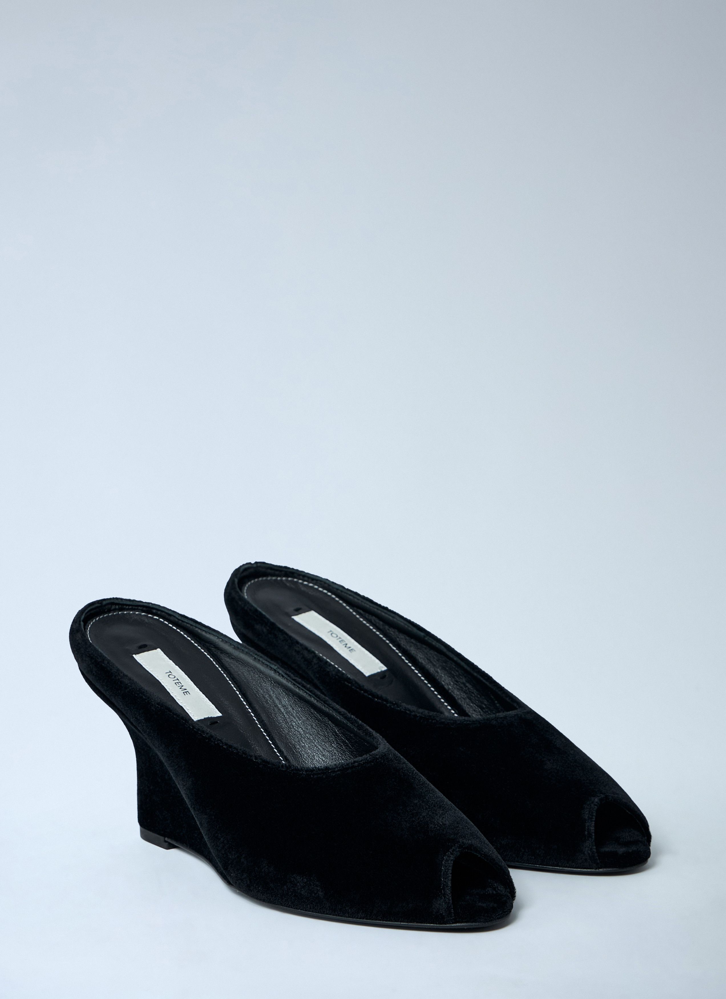 Velvet Peep-Toe Wedge Mules