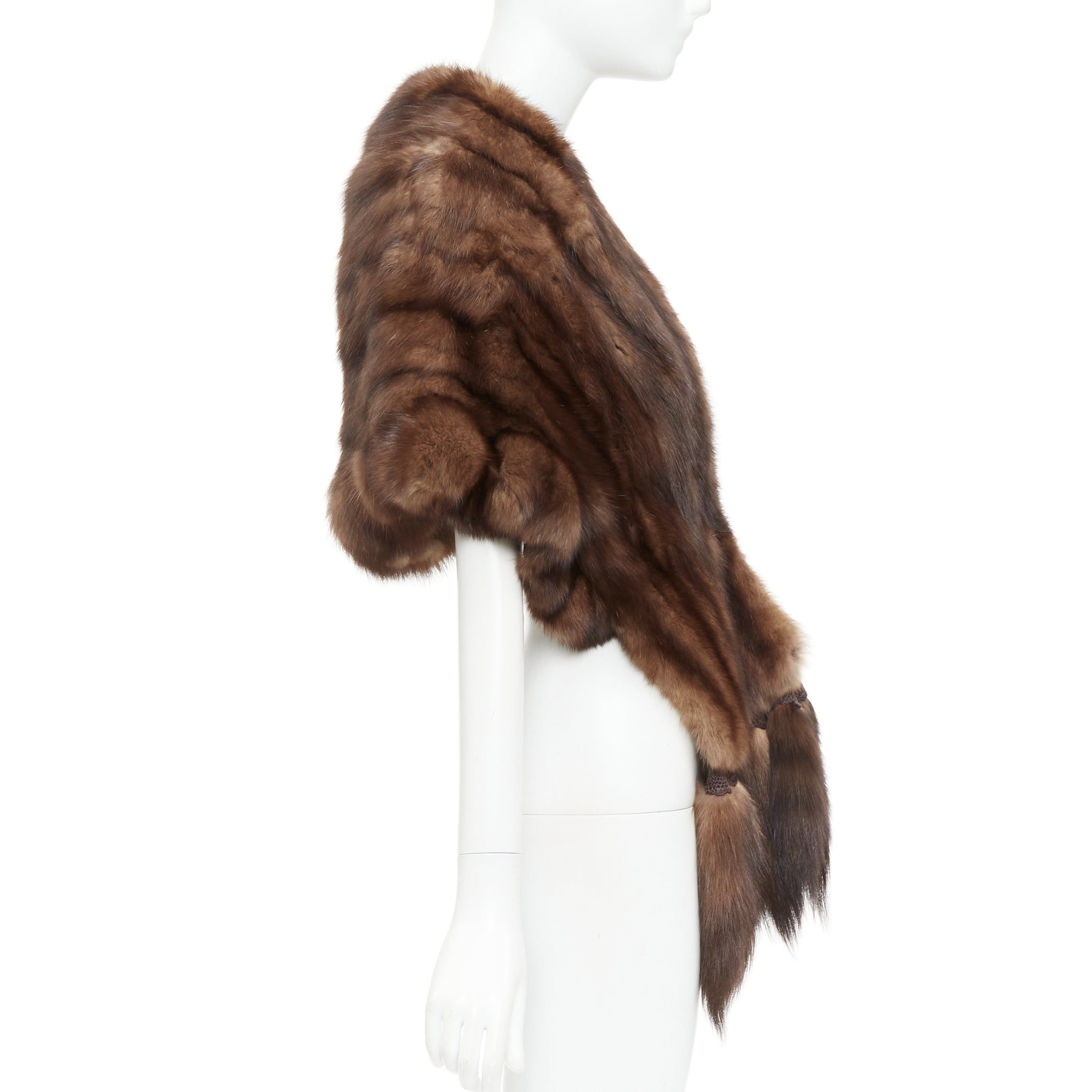 Other FLAMINGO brown real Russian fur tassel tiered shawl scarf stole Size ONE SIZE - 4 Thumbnail
