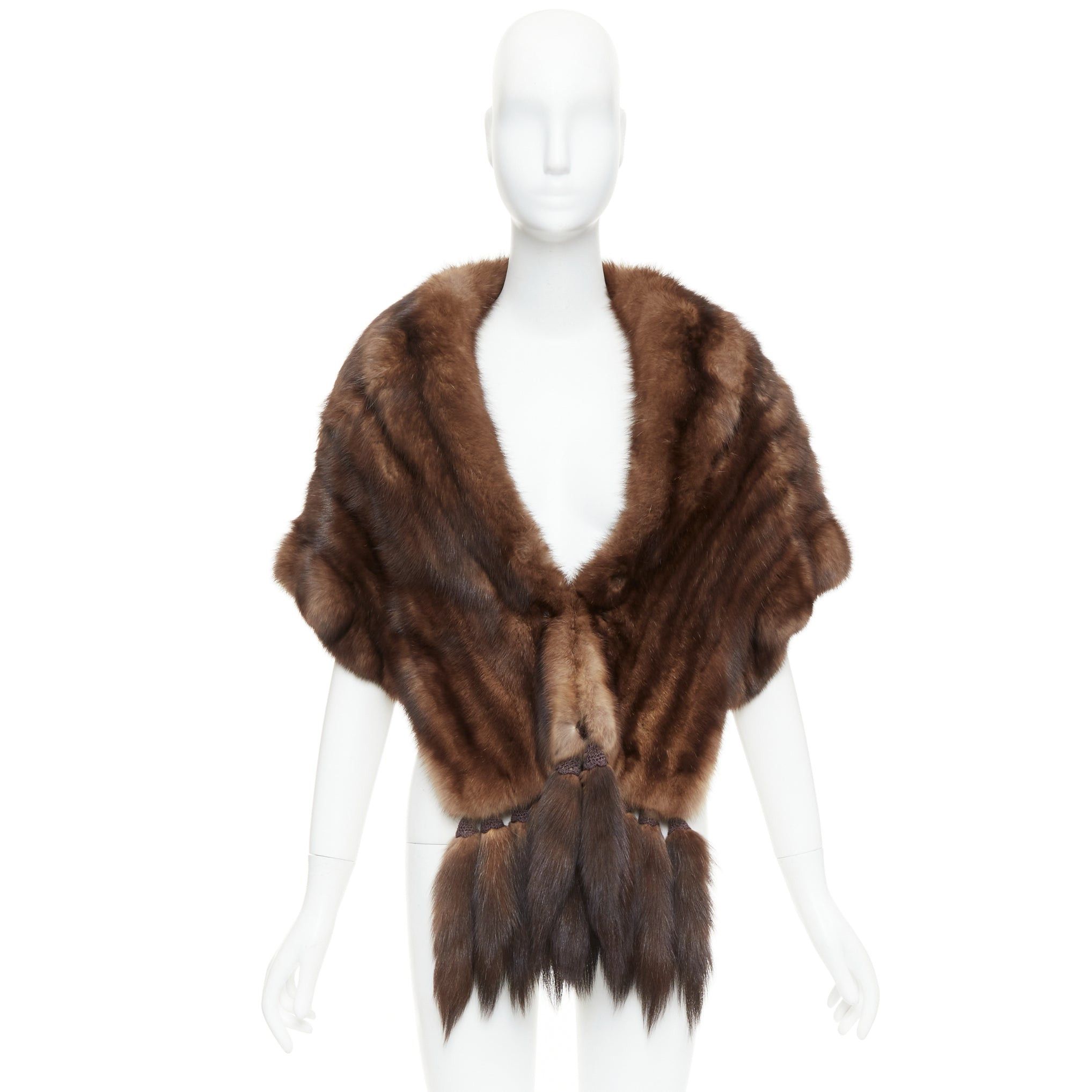 Other FLAMINGO brown real Russian fur tassel tiered shawl scarf stole Size ONE SIZE - 9 Thumbnail