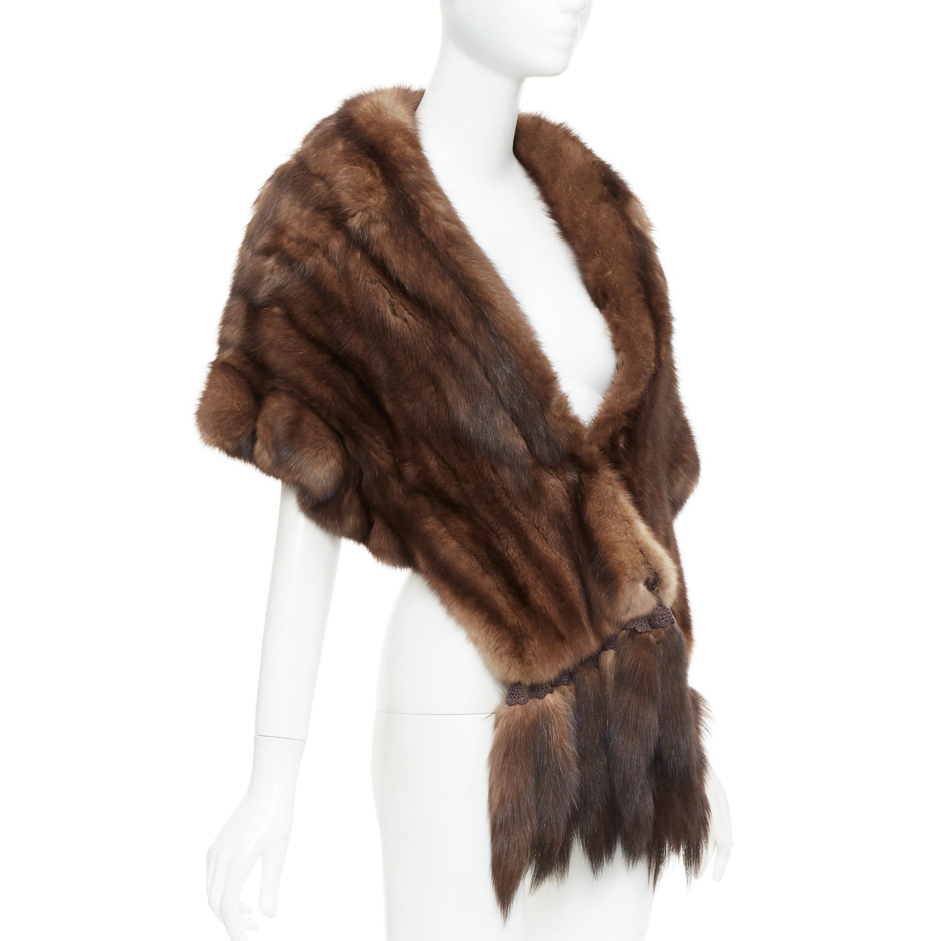Other FLAMINGO brown real Russian fur tassel tiered shawl scarf stole Size ONE SIZE - 3 Thumbnail