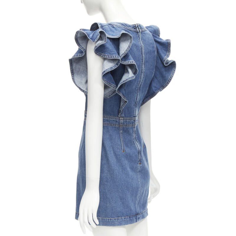 Philosophy di Lorenzo Serafini PHILOSOPHY DI LORENZO SERAFINI blue denim ruffled plunge neck dress IT38 XS Size XS / US 0-2 / IT 36-38 - 6 Thumbnail