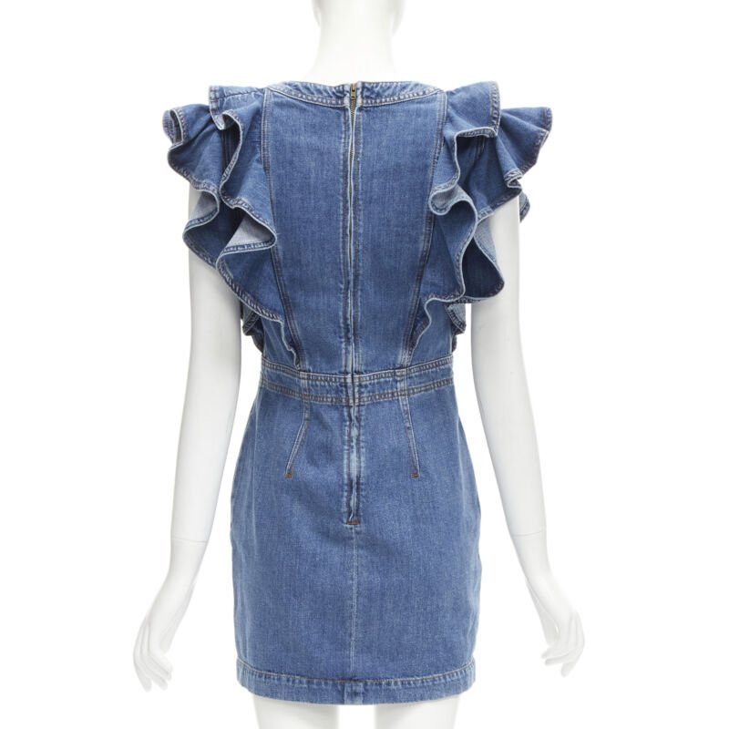 Philosophy di Lorenzo Serafini PHILOSOPHY DI LORENZO SERAFINI blue denim ruffled plunge neck dress IT38 XS Size XS / US 0-2 / IT 36-38 - 5 Thumbnail