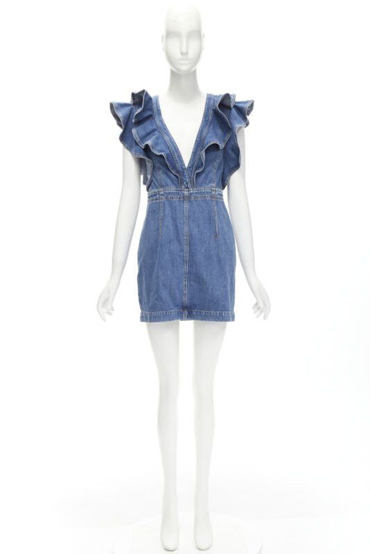 Philosophy di Lorenzo Serafini PHILOSOPHY DI LORENZO SERAFINI blue denim ruffled plunge neck dress IT38 XS Size XS / US 0-2 / IT 36-38 - 10 Thumbnail