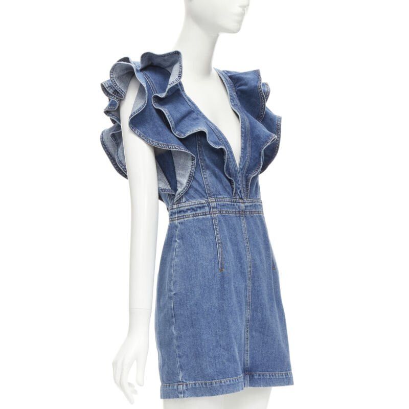 Philosophy di Lorenzo Serafini PHILOSOPHY DI LORENZO SERAFINI blue denim ruffled plunge neck dress IT38 XS Size XS / US 0-2 / IT 36-38 - 3 Thumbnail