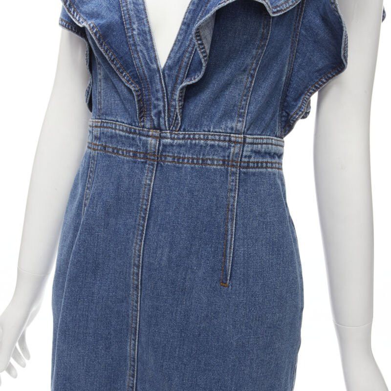 Philosophy di Lorenzo Serafini PHILOSOPHY DI LORENZO SERAFINI blue denim ruffled plunge neck dress IT38 XS Size XS / US 0-2 / IT 36-38 - 7 Thumbnail