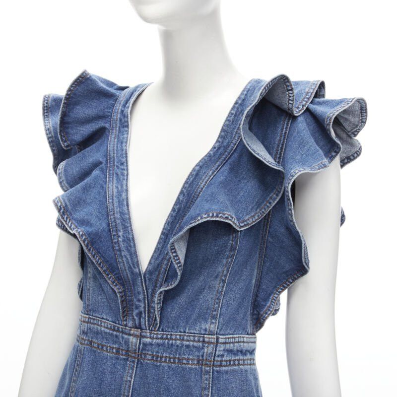 Philosophy di Lorenzo Serafini PHILOSOPHY DI LORENZO SERAFINI blue denim ruffled plunge neck dress IT38 XS Size XS / US 0-2 / IT 36-38 - 2 Thumbnail