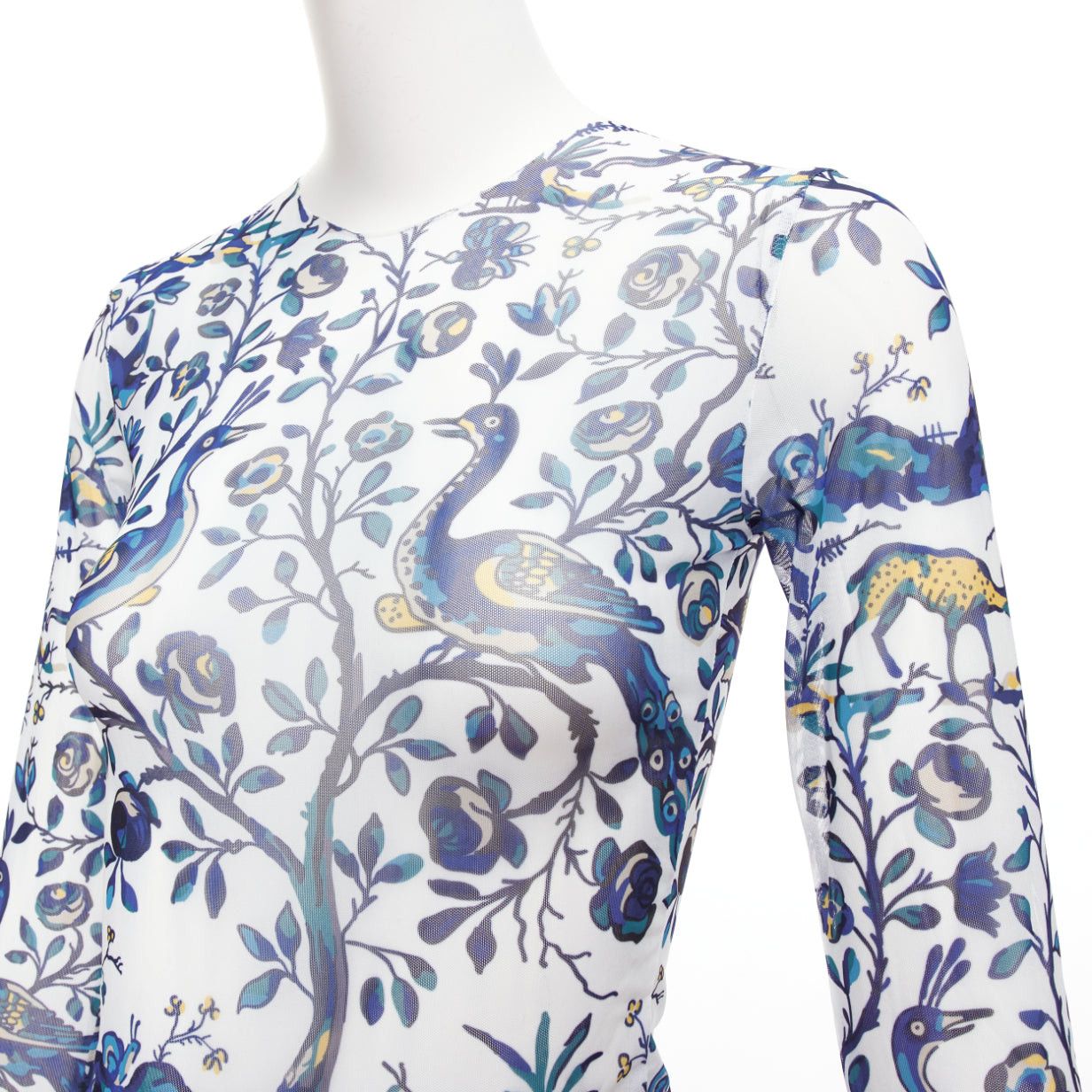 Marques'Almeida MARQUES ALMEIDA blue white animal floral print mesh long sleeve top XS Size XS / US 0-2 / IT 36-38 - 2 Thumbnail