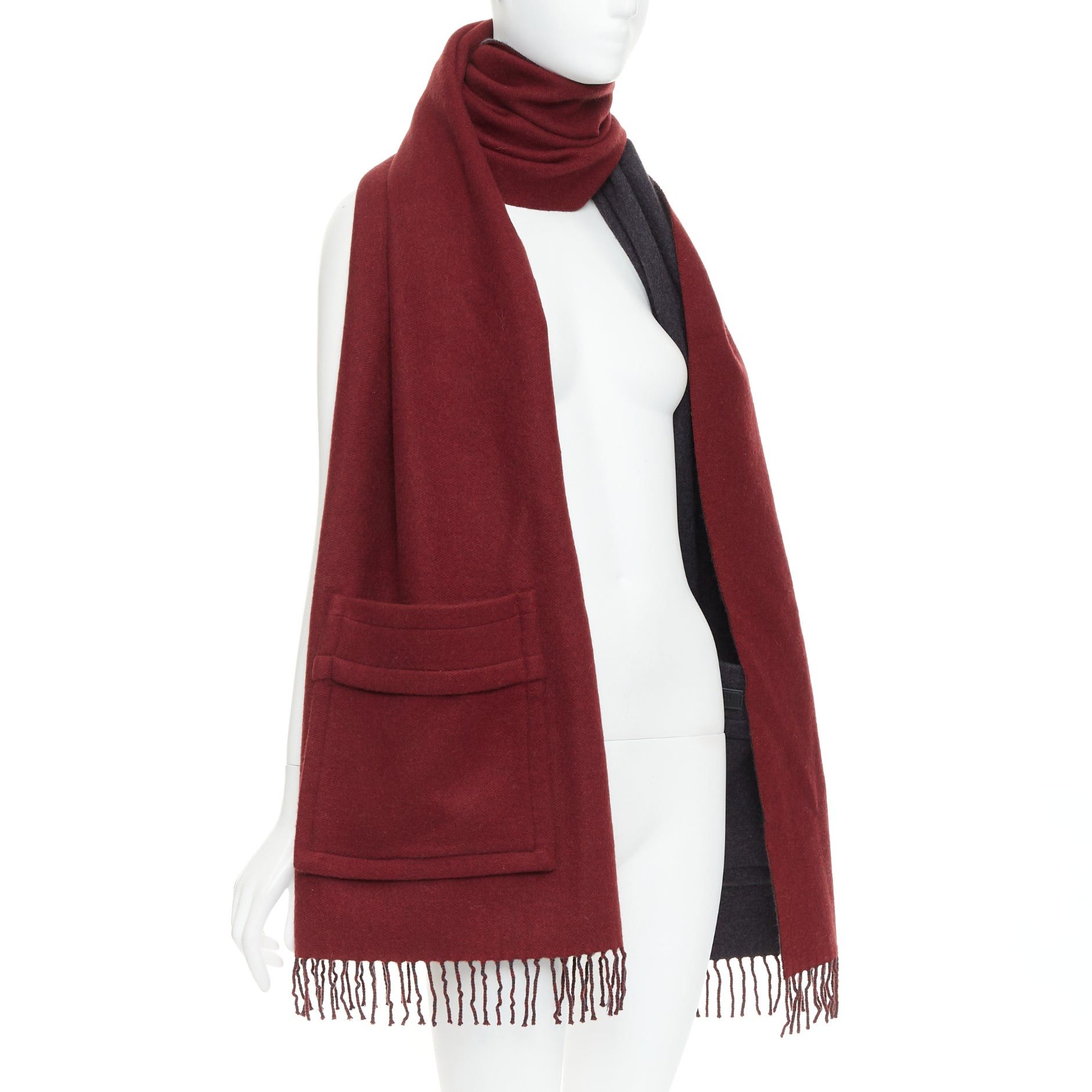 Fendi FENDI 100% cashmere burgundy grey bicolor pocket fringed long scarf Size ONE SIZE - 3 Thumbnail