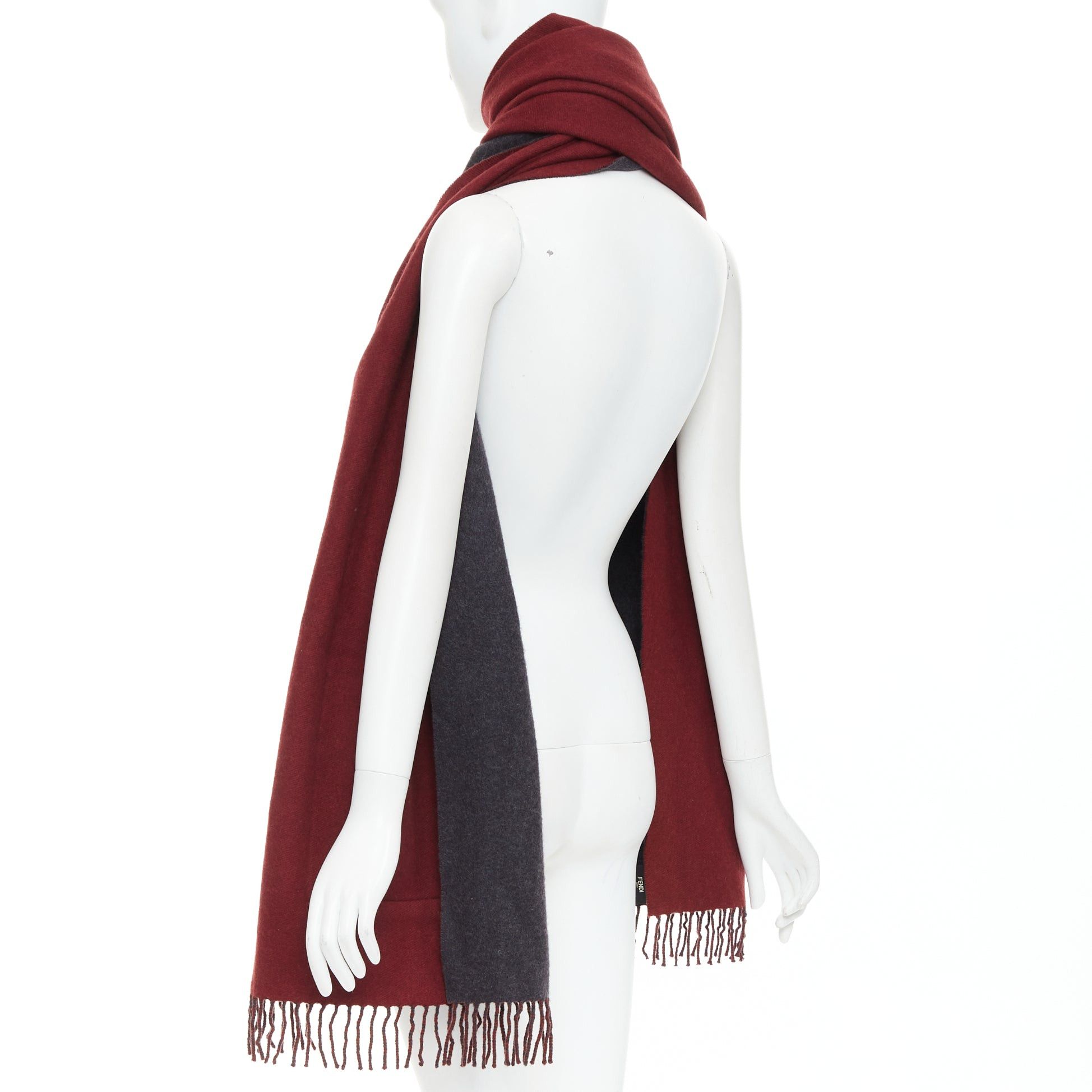 Fendi FENDI 100% cashmere burgundy grey bicolor pocket fringed long scarf Size ONE SIZE - 6 Thumbnail