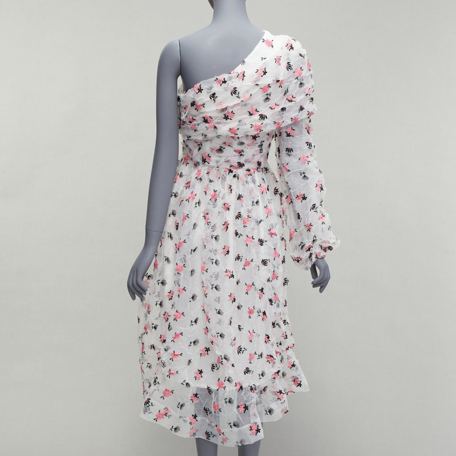 ANAIS JOURDEN ANAIS JOURDEN white pink crinkle floral embroidery asymmetric sleeves midi dress FR38 M Size M / US 6-8 / IT 42-44 - 5 Thumbnail