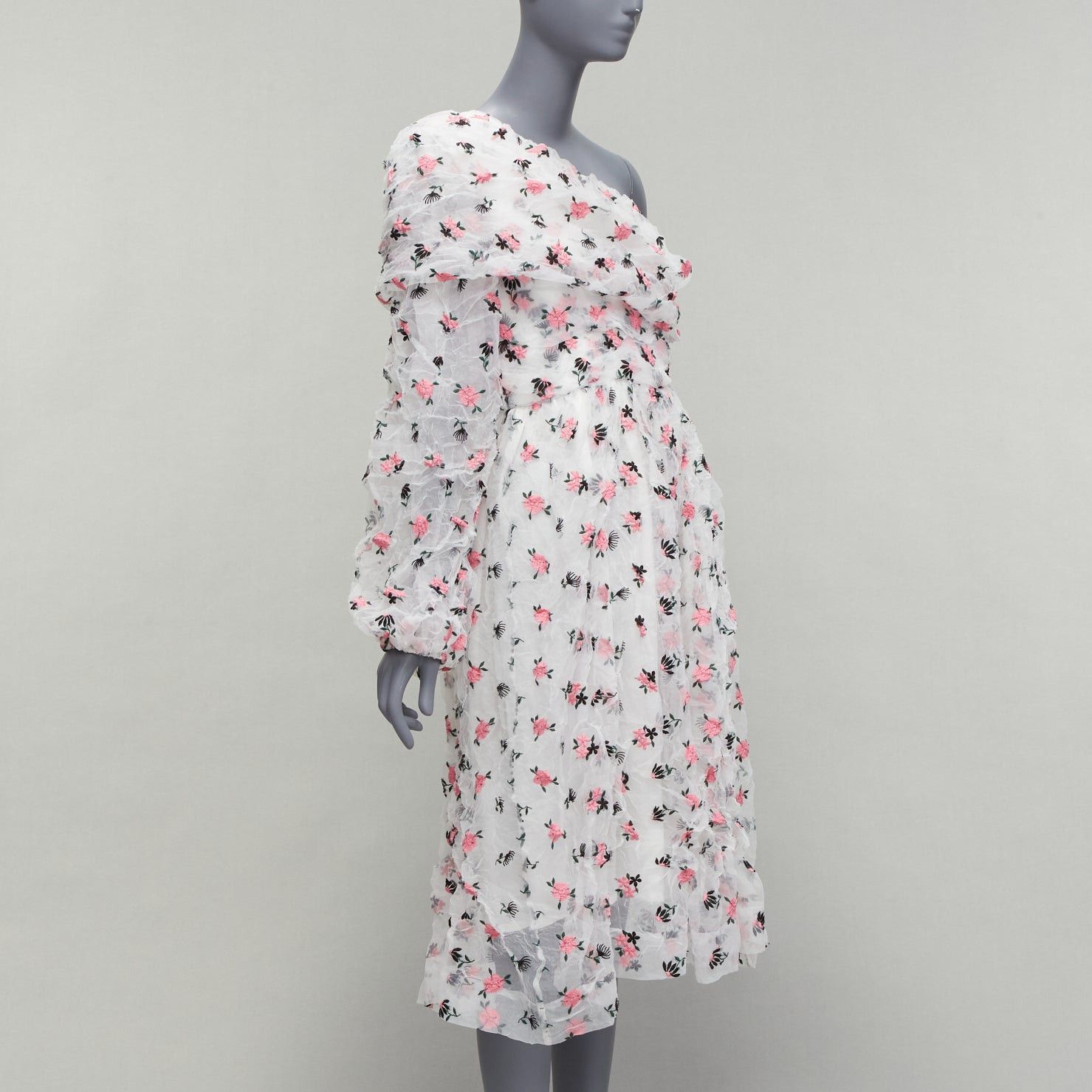 ANAIS JOURDEN ANAIS JOURDEN white pink crinkle floral embroidery asymmetric sleeves midi dress FR38 M Size M / US 6-8 / IT 42-44 - 3 Thumbnail