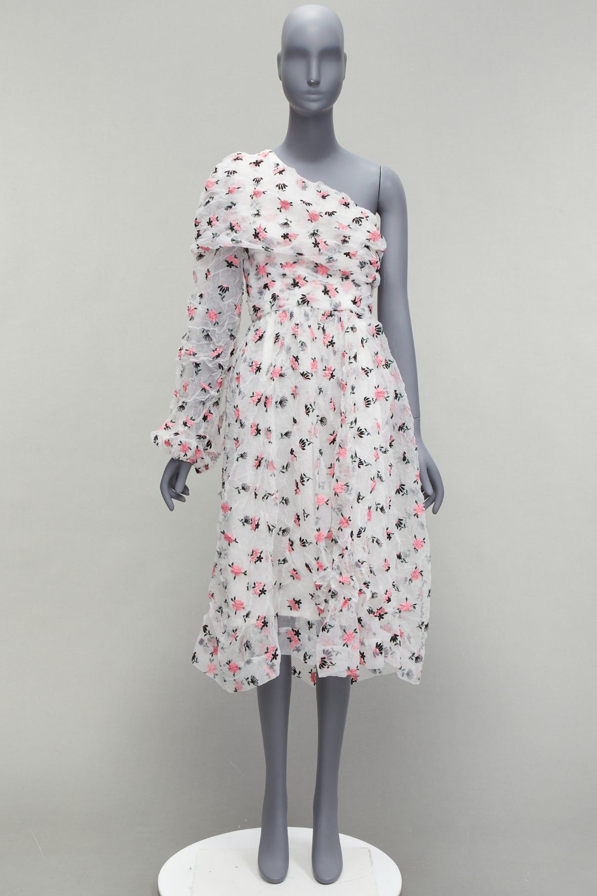 ANAIS JOURDEN ANAIS JOURDEN white pink crinkle floral embroidery asymmetric sleeves midi dress FR38 M Size M / US 6-8 / IT 42-44 - 9 Thumbnail