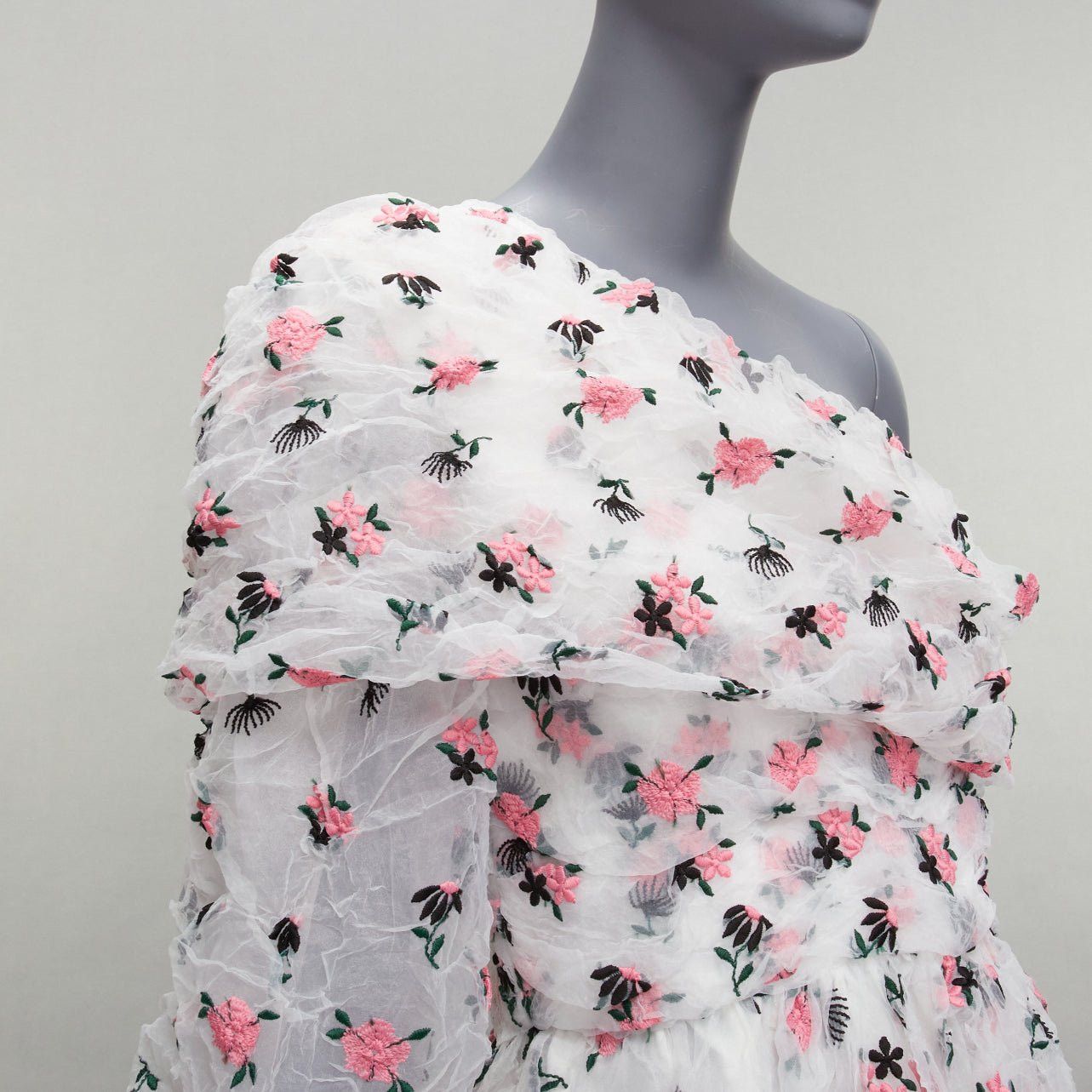 ANAIS JOURDEN ANAIS JOURDEN white pink crinkle floral embroidery asymmetric sleeves midi dress FR38 M Size M / US 6-8 / IT 42-44 - 2 Thumbnail