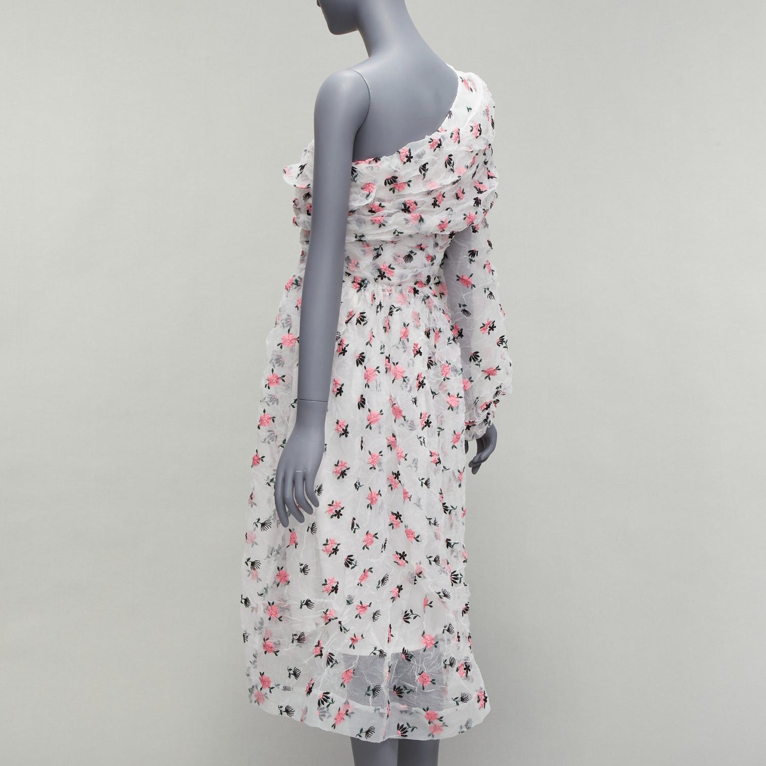 ANAIS JOURDEN ANAIS JOURDEN white pink crinkle floral embroidery asymmetric sleeves midi dress FR38 M Size M / US 6-8 / IT 42-44 - 6 Thumbnail