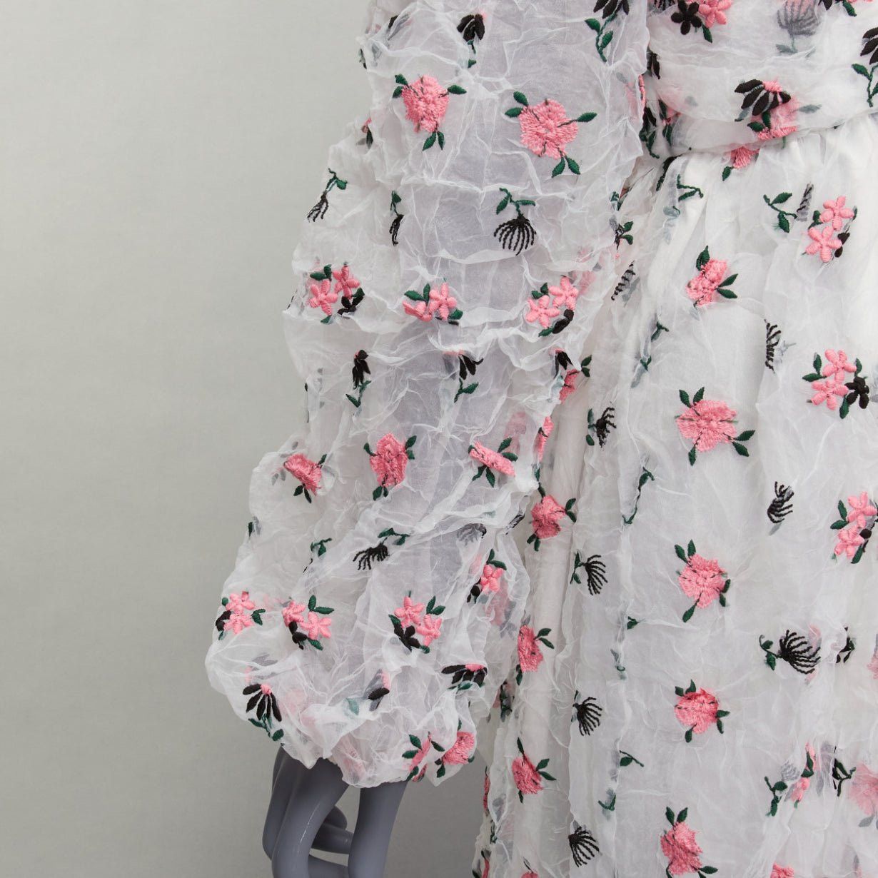 ANAIS JOURDEN ANAIS JOURDEN white pink crinkle floral embroidery asymmetric sleeves midi dress FR38 M Size M / US 6-8 / IT 42-44 - 7 Thumbnail