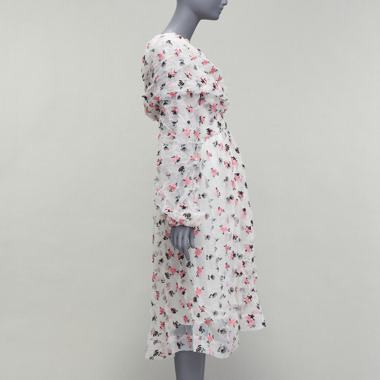 ANAIS JOURDEN ANAIS JOURDEN white pink crinkle floral embroidery asymmetric sleeves midi dress FR38 M Size M / US 6-8 / IT 42-44 - 4 Thumbnail
