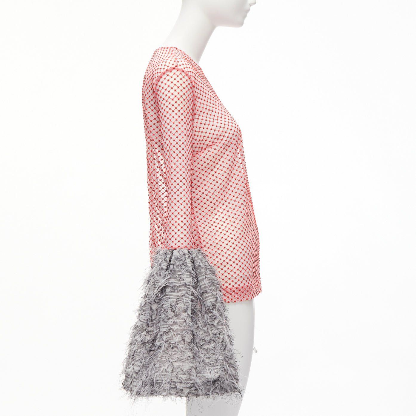 ANAIS JOURDEN ANAIS JOURDEN red white textured grey gigantic flared faux feather cuff red mesh top FR36 S Size S / US 4 / IT 40 - 4 Thumbnail