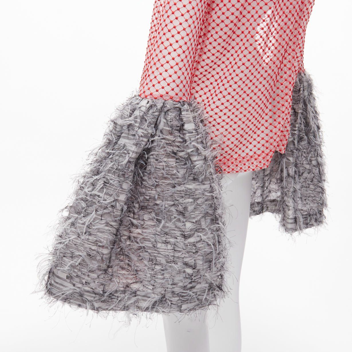 ANAIS JOURDEN ANAIS JOURDEN red white textured grey gigantic flared faux feather cuff red mesh top FR36 S Size S / US 4 / IT 40 - 2 Thumbnail