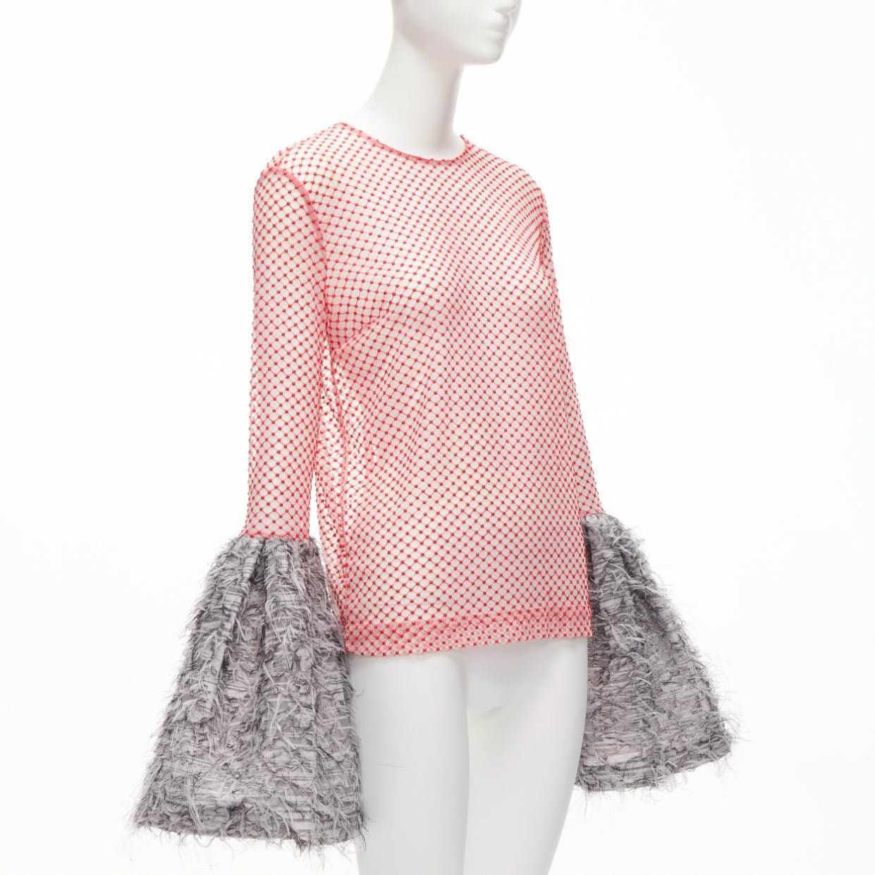 ANAIS JOURDEN ANAIS JOURDEN red white textured grey gigantic flared faux feather cuff red mesh top FR36 S Size S / US 4 / IT 40 - 3 Thumbnail