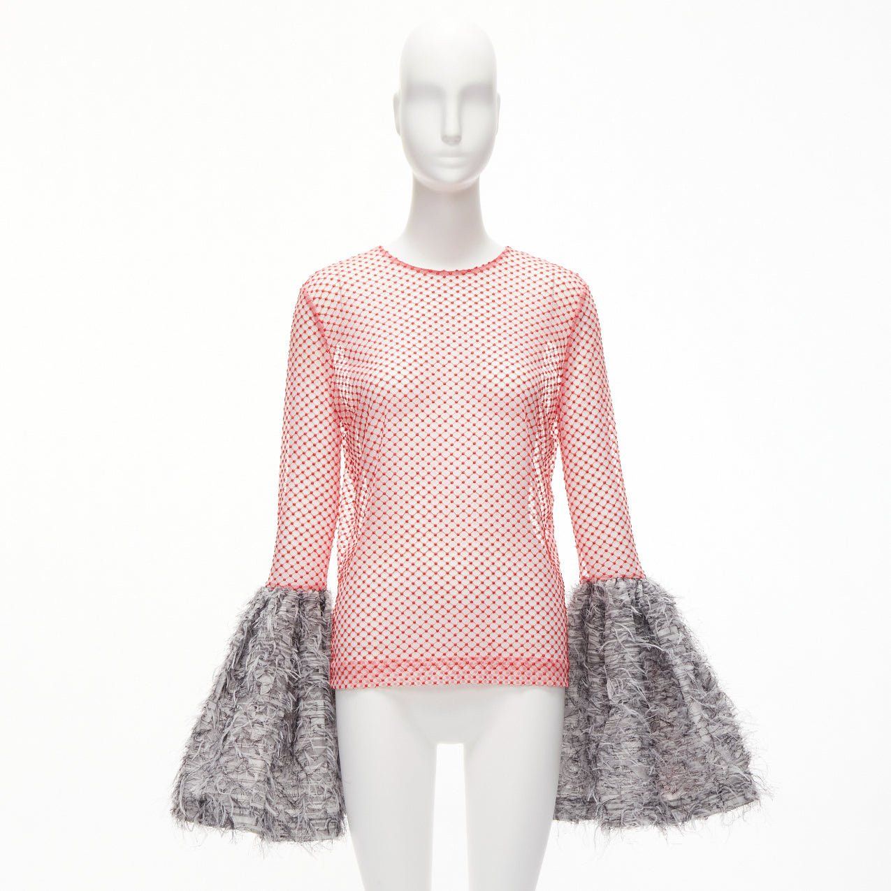 ANAIS JOURDEN ANAIS JOURDEN red white textured grey gigantic flared faux feather cuff red mesh top FR36 S Size S / US 4 / IT 40 - 9 Thumbnail