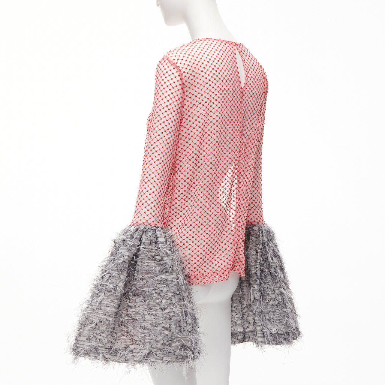 ANAIS JOURDEN ANAIS JOURDEN red white textured grey gigantic flared faux feather cuff red mesh top FR36 S Size S / US 4 / IT 40 - 6 Thumbnail