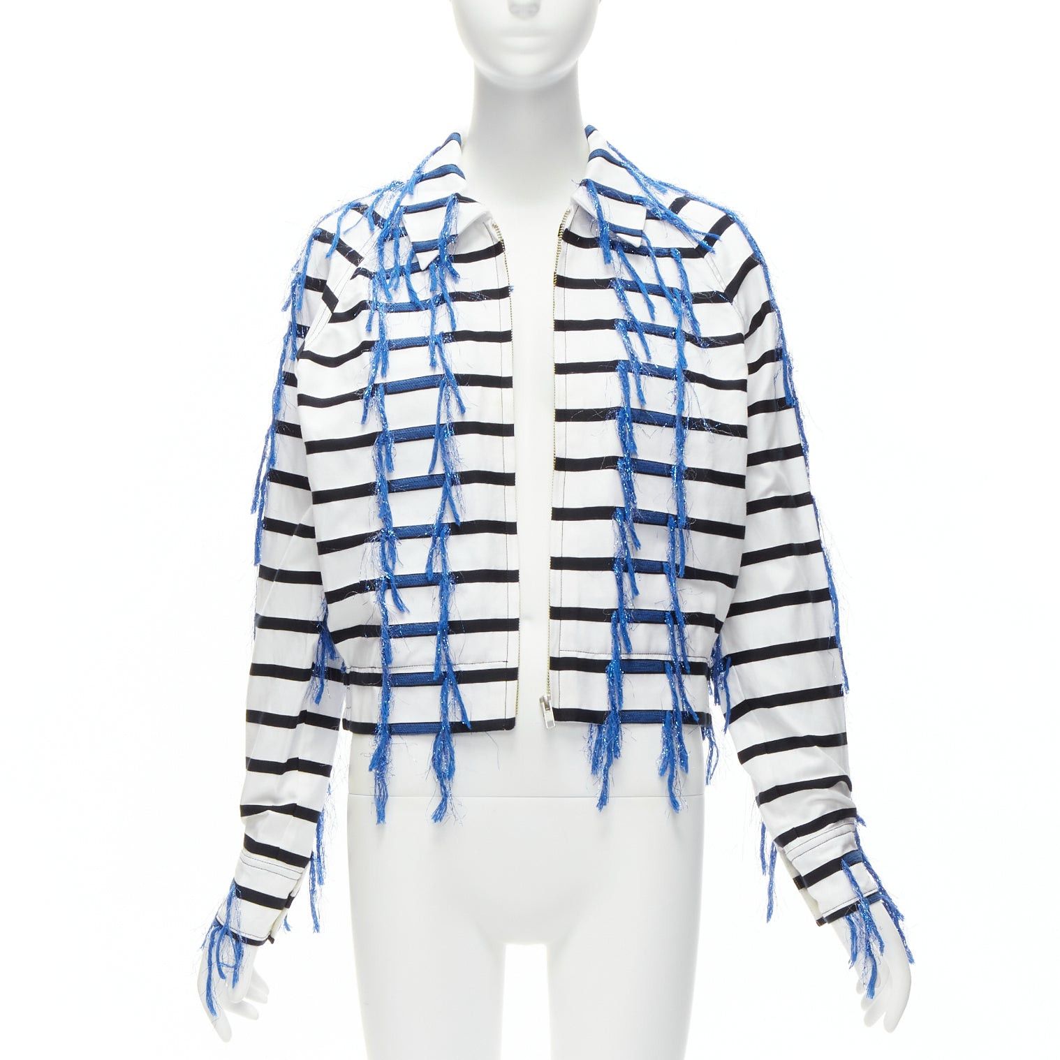 ANAIS JOURDEN ANAIS JOURDEN blue white black striped tassel trim raglan cropped jacket FR36 S Size S / US 4 / IT 40 - 3 Thumbnail