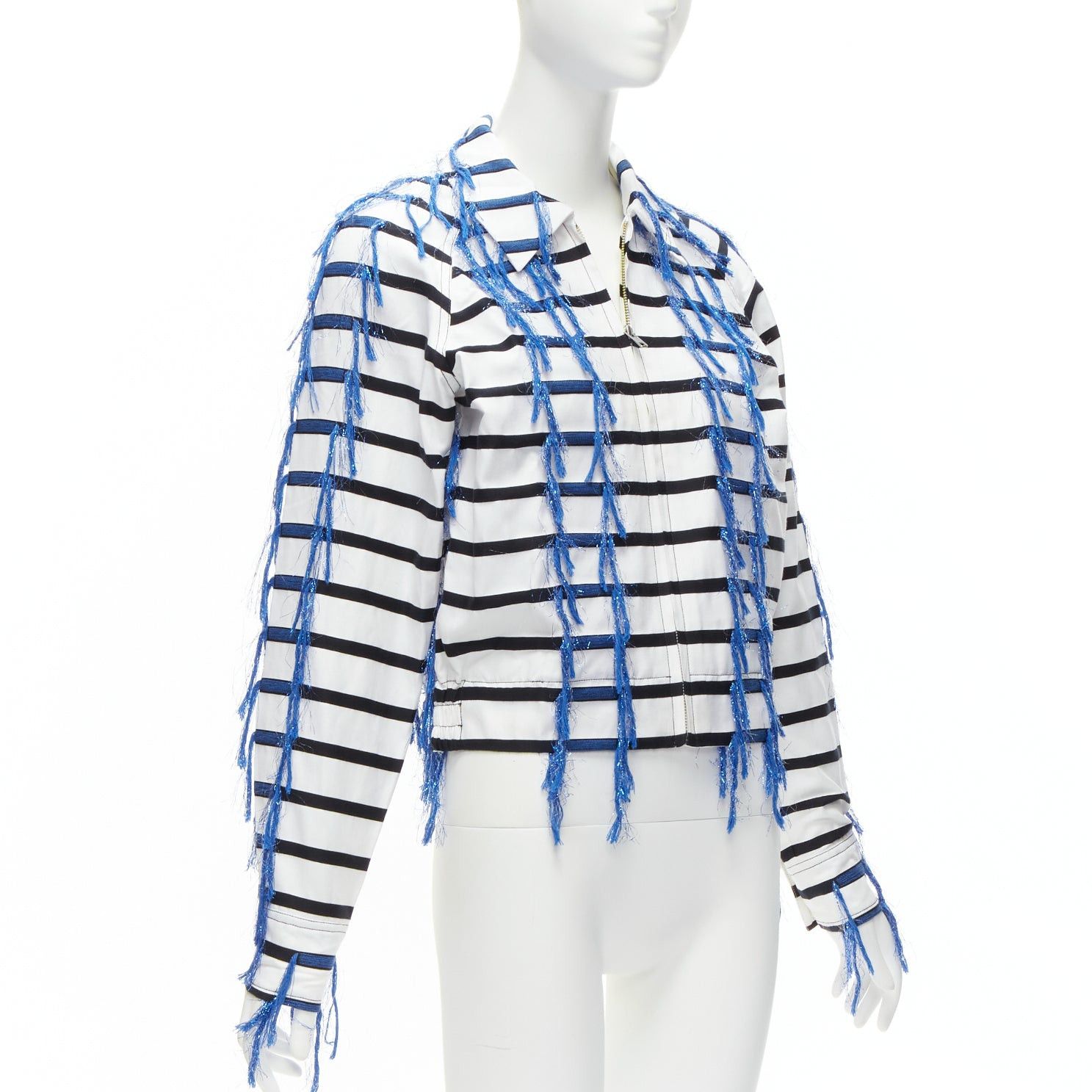 ANAIS JOURDEN ANAIS JOURDEN blue white black striped tassel trim raglan cropped jacket FR36 S Size S / US 4 / IT 40 - 4 Thumbnail