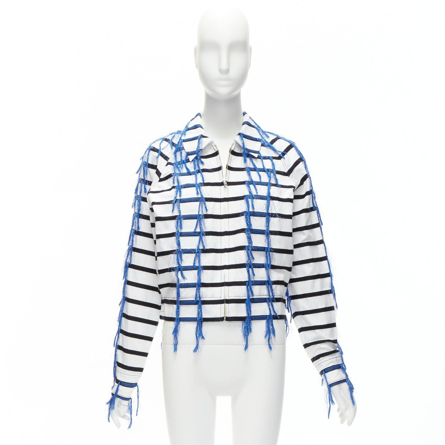 ANAIS JOURDEN ANAIS JOURDEN blue white black striped tassel trim raglan cropped jacket FR36 S Size S / US 4 / IT 40 - 10 Thumbnail