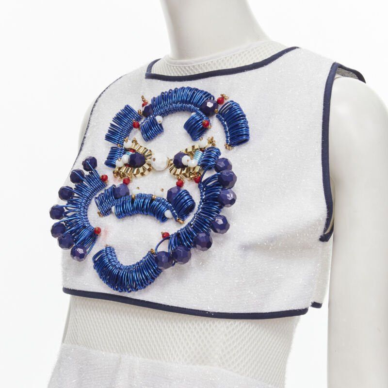 Other KIRSTY WARD white metallic tinsel blue wire bead embellished dress UK10 M Size M / US 6-8 / IT 42-44 - 7 Thumbnail