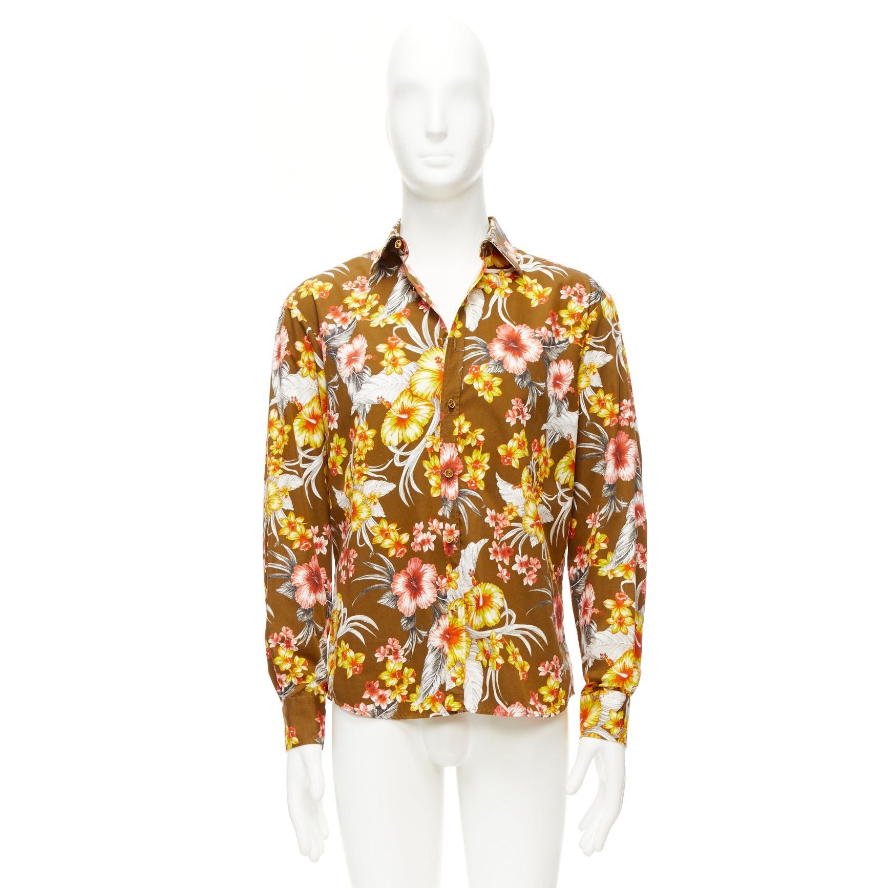 Other FAUSTO PUGLISI yellow khaki tropical floral cotton gold button shirt EU48 M Size US M / EU 48-50 / 2 - 9 Thumbnail