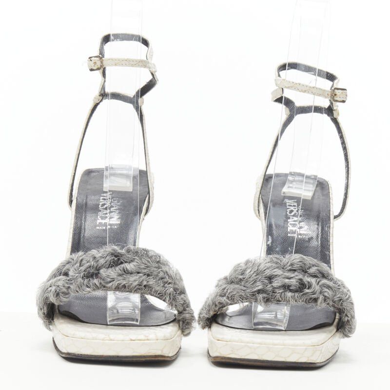 Versace vintage GIANNI VERSACE white grey shearling ankle strap cone heel sandal EU36 Size US 6 / IT 36 - 3 Thumbnail