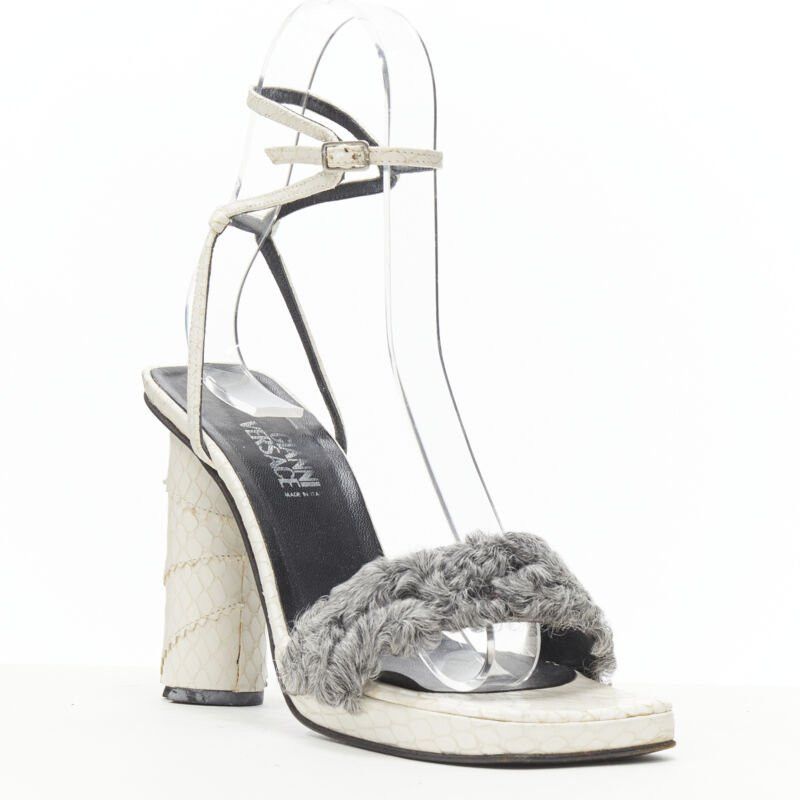 Versace vintage GIANNI VERSACE white grey shearling ankle strap cone heel sandal EU36 Size US 6 / IT 36 - 2 Thumbnail