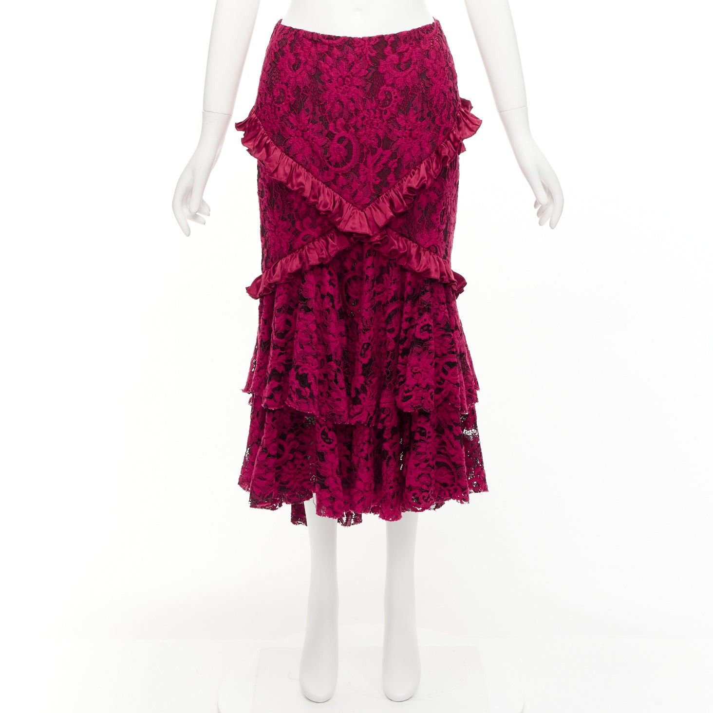 Other ROMANCE WAS BORN red cotton silk blend floral lace bias ruffle midi skirt AUS8 S Size 30" / US 8 / IT 44 - 9 Thumbnail