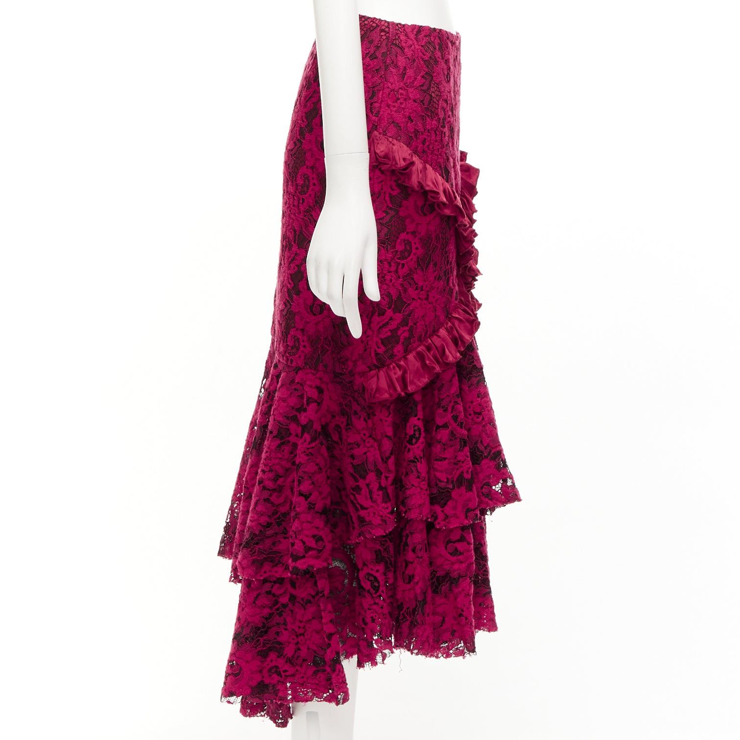 Other ROMANCE WAS BORN red cotton silk blend floral lace bias ruffle midi skirt AUS8 S Size 30" / US 8 / IT 44 - 4 Thumbnail