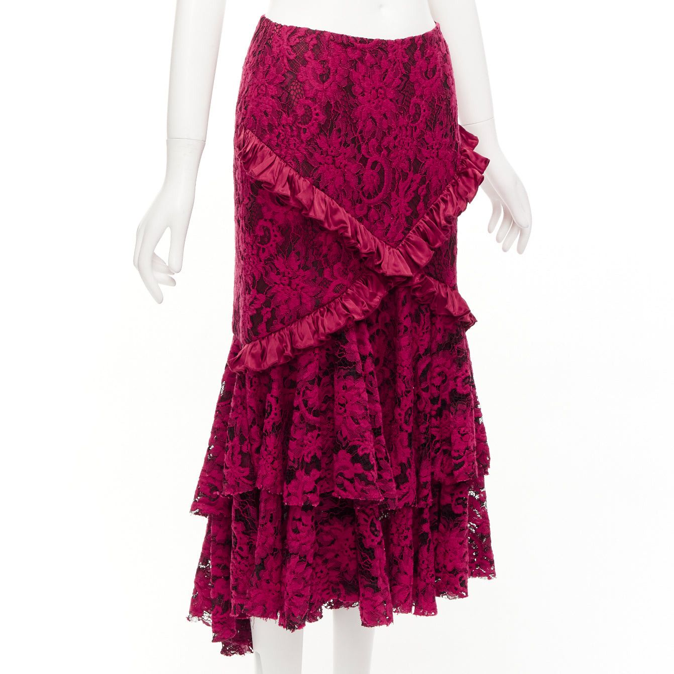 Other ROMANCE WAS BORN red cotton silk blend floral lace bias ruffle midi skirt AUS8 S Size 30" / US 8 / IT 44 - 3 Thumbnail