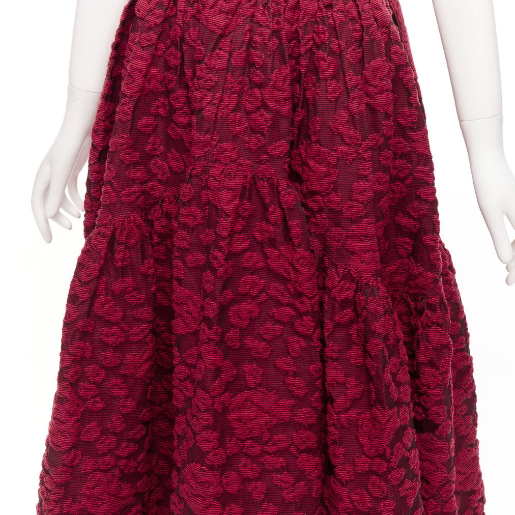 ANAIS JOURDEN ANAIS JOURDEN red cotton blend floral 3D jacquard tie full gown skirt FR36 S Size 27" / US 4 / IT 40 - 7 Thumbnail