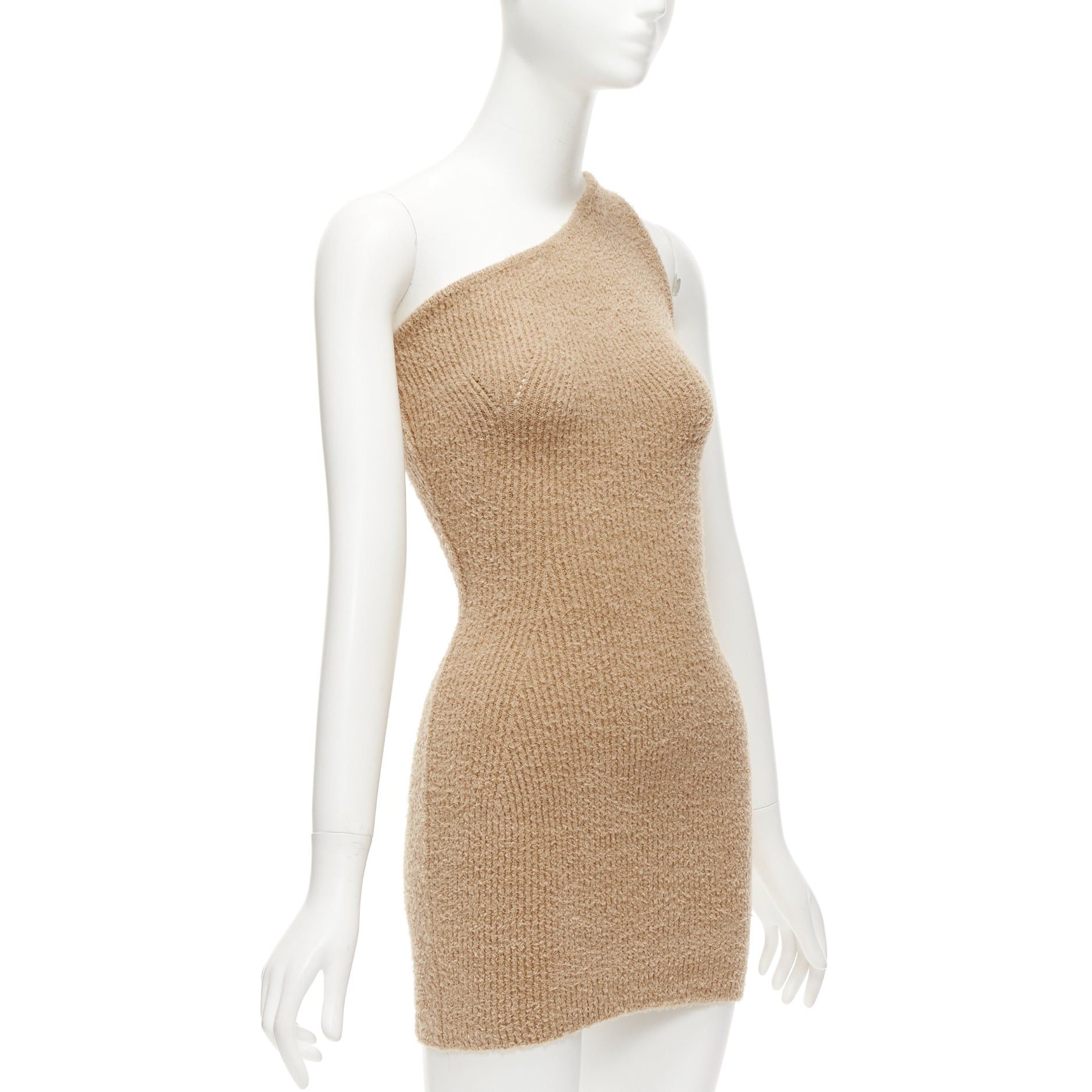 Other WARDROBE NYC HAILEY BIEBER HB tan fuzzy knit cotton one shoulder mini dress S Size S / US 4 / IT 40 - 3 Thumbnail