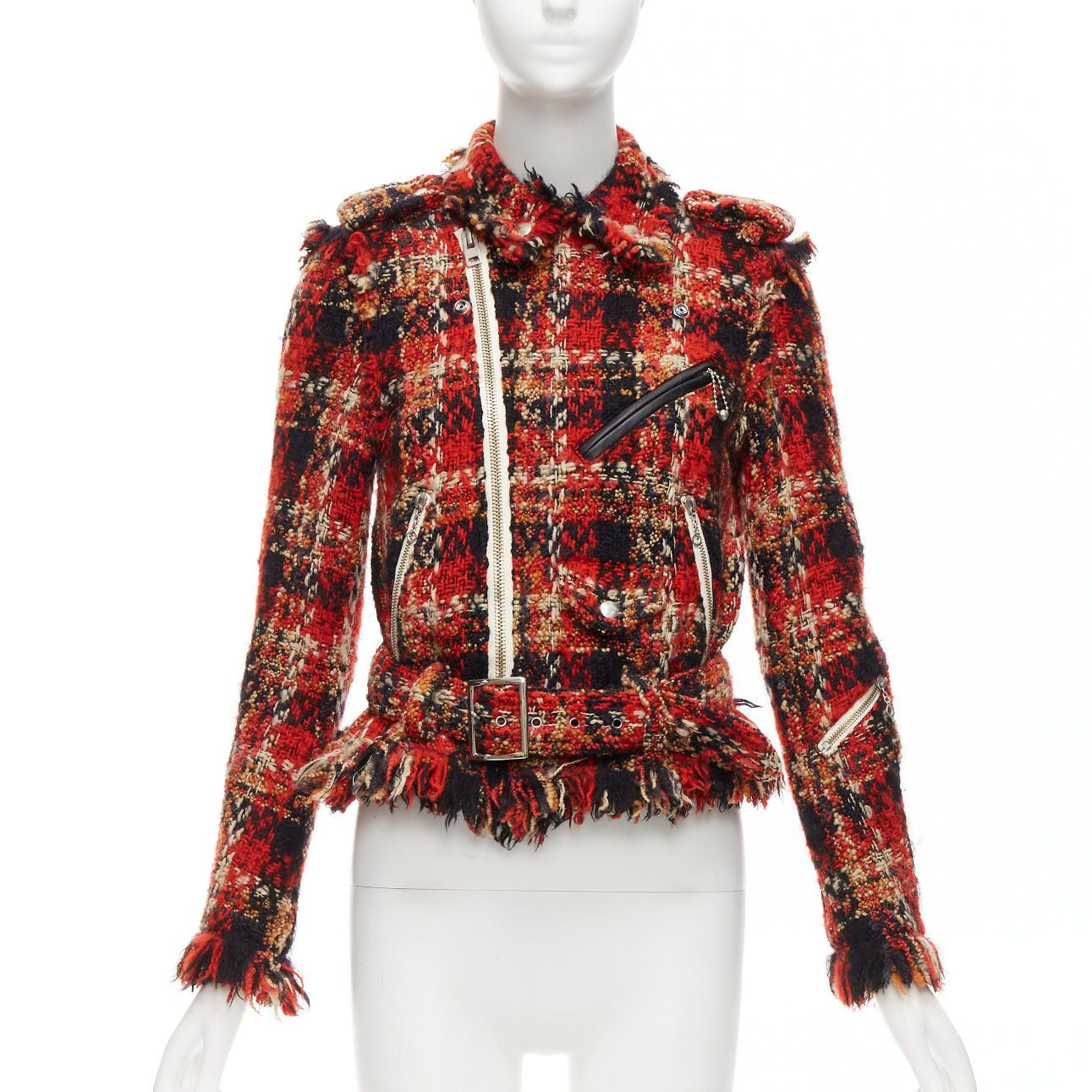Maison MIHARA YASUHIRO MIHARA YASUHIRO red plaid wool tweed PU trimmed biker jacket FR36 S Size S / US 4 / IT 40 - 3 Thumbnail