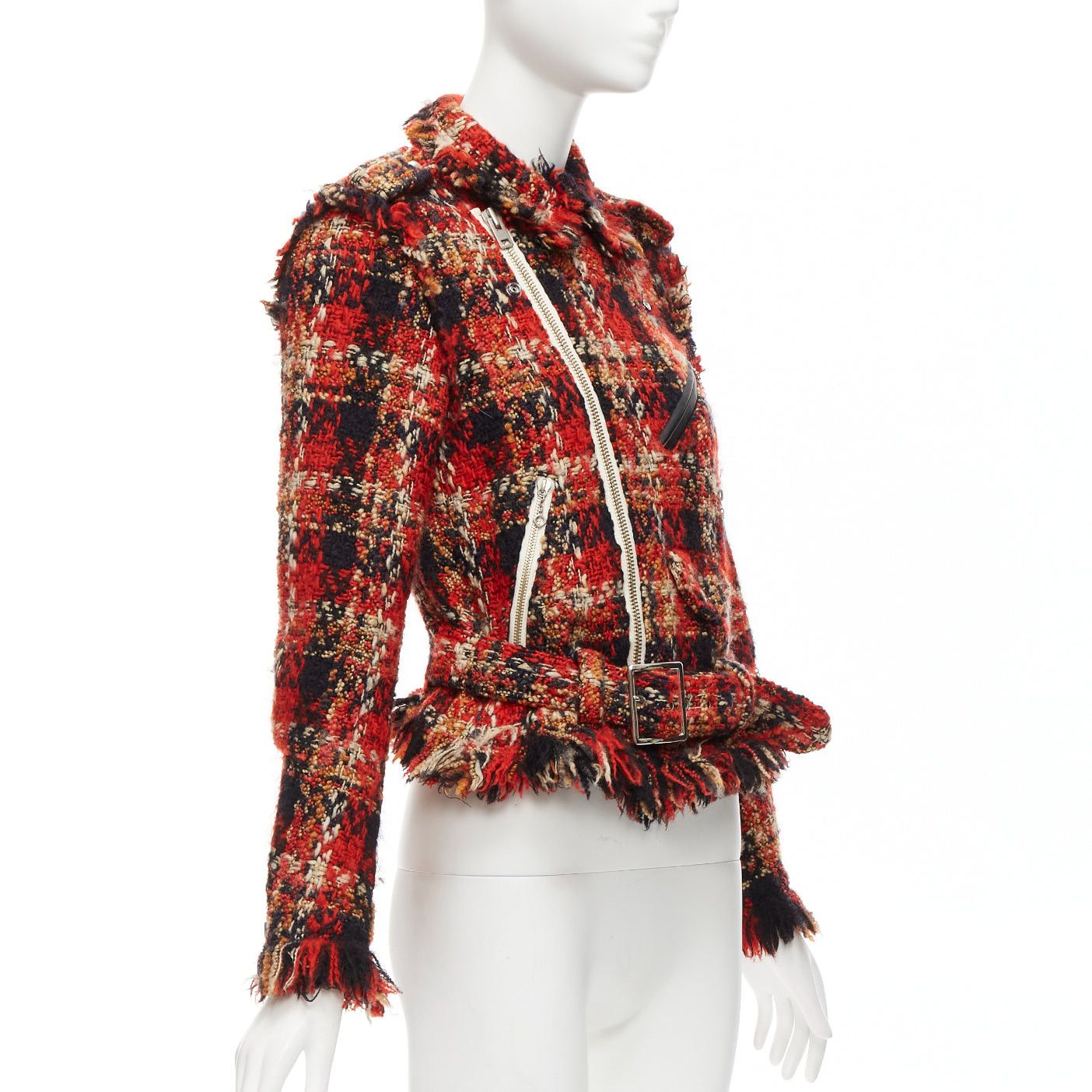 Maison MIHARA YASUHIRO MIHARA YASUHIRO red plaid wool tweed PU trimmed biker jacket FR36 S Size S / US 4 / IT 40 - 4 Thumbnail