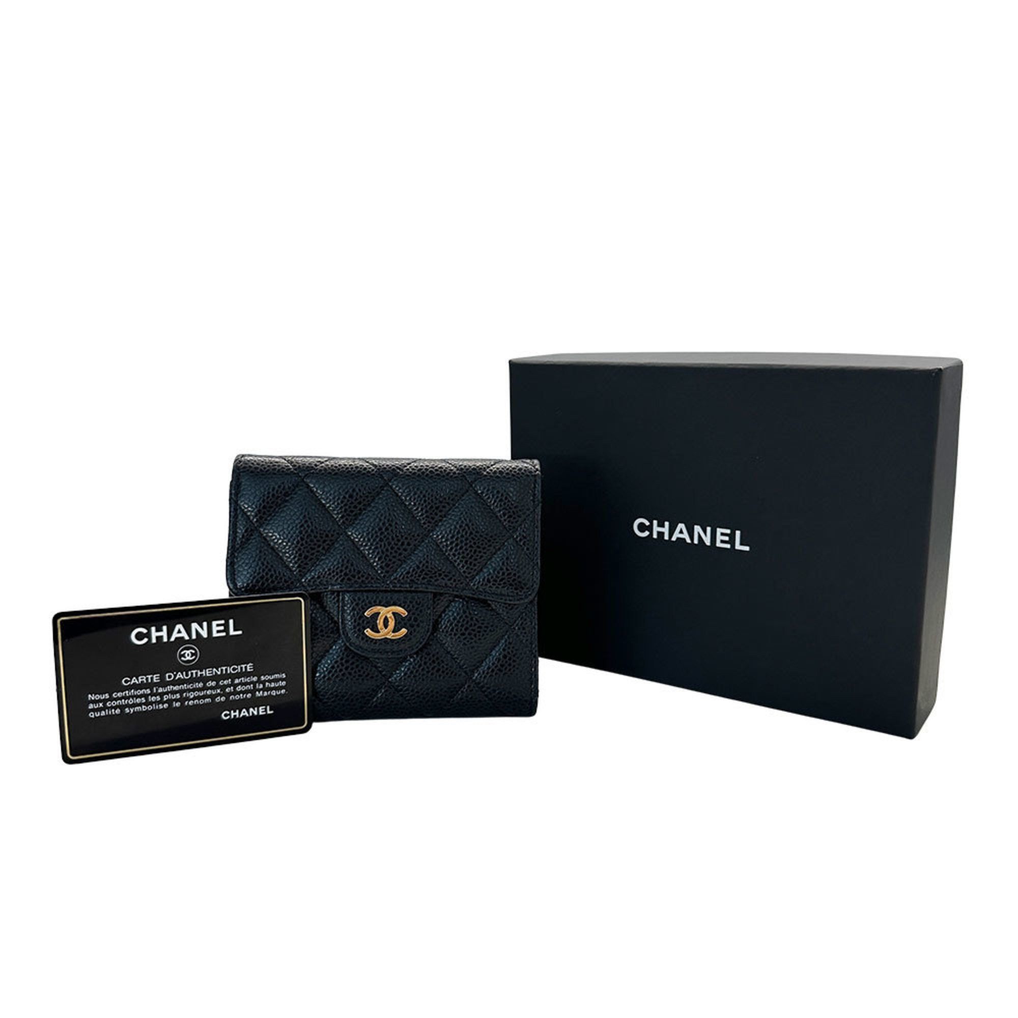 CHANEL Matelasse Women's Bifold Wallet in Black Caviar with Gold Hardware