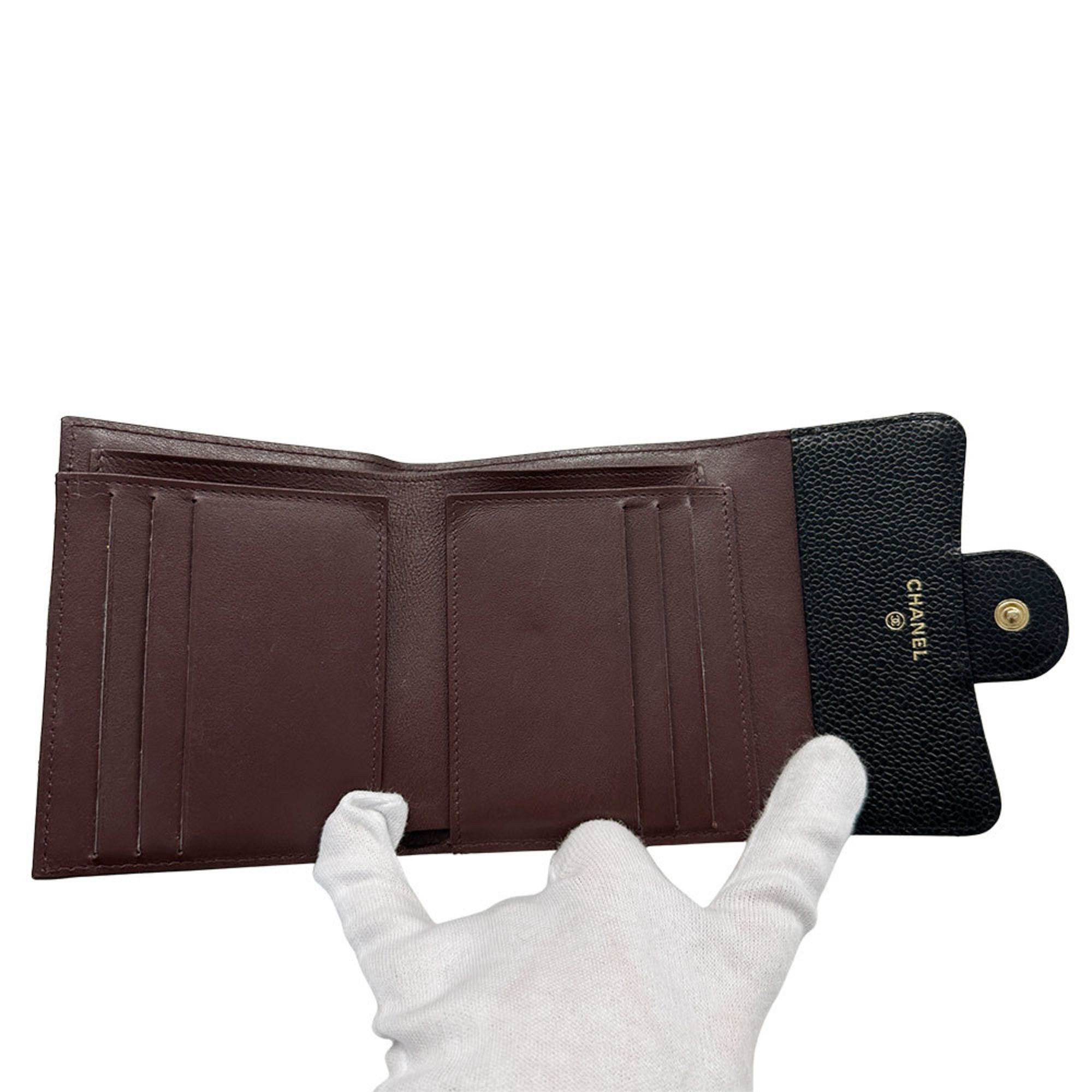 CHANEL Matelasse Women's Bifold Wallet in Black Caviar with Gold Hardware