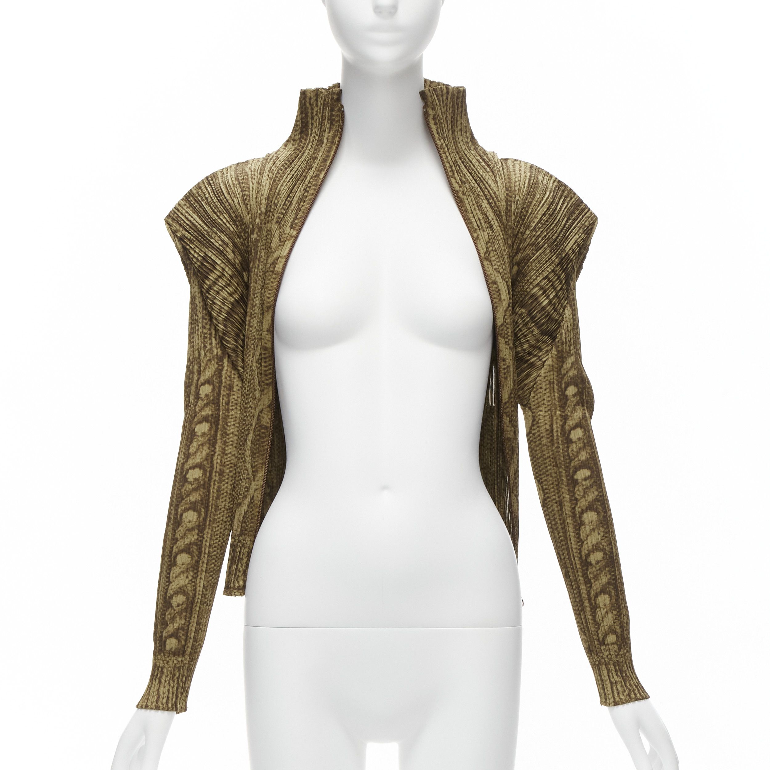 Issey Miyake ISSEY MIYAKE PLEATS PLEASE brown tromp loeil cable knit zip up jacket JP4 XL Size L / US 10 / IT 46 - 3 Thumbnail