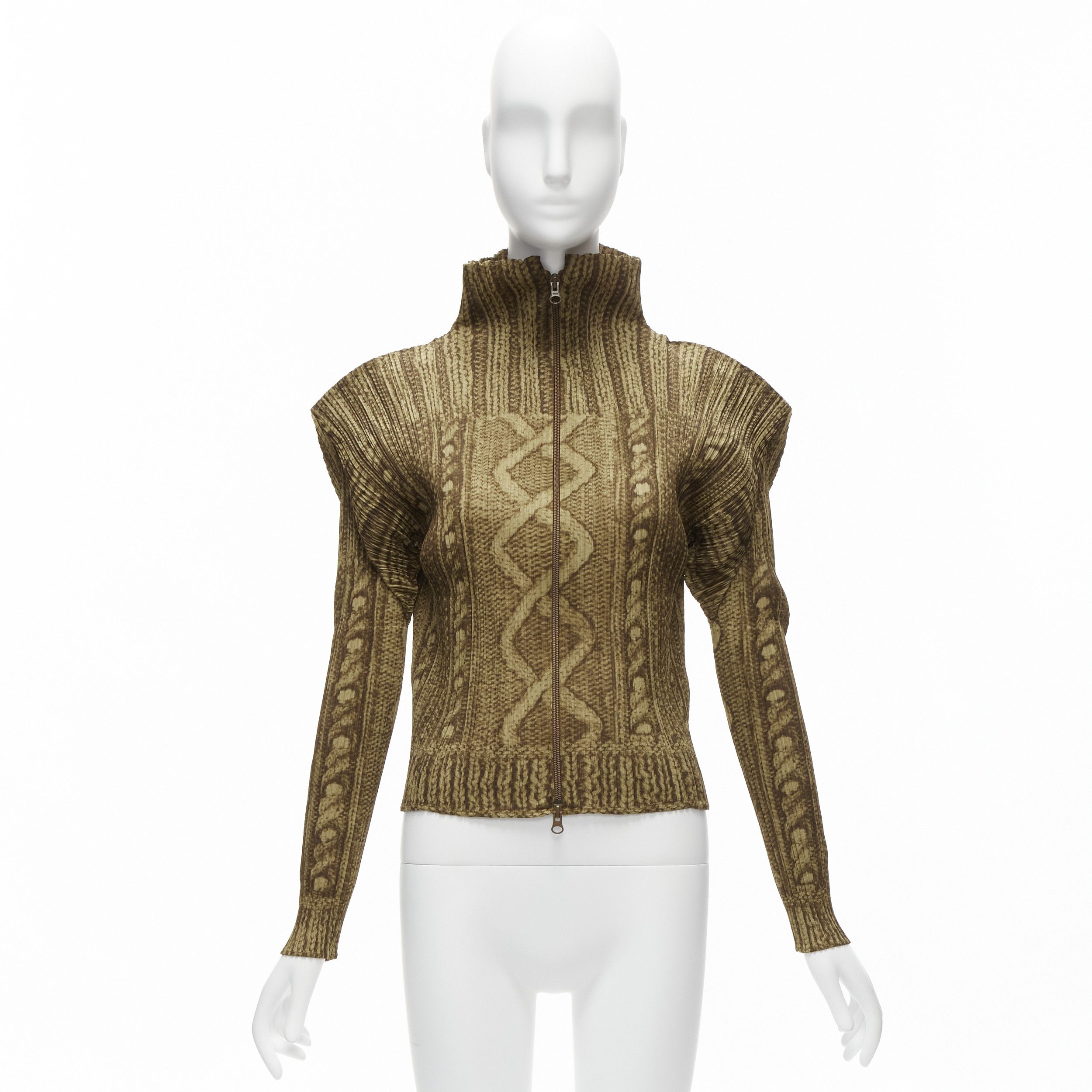 Issey Miyake ISSEY MIYAKE PLEATS PLEASE brown tromp loeil cable knit zip up jacket JP4 XL Size L / US 10 / IT 46 - 11 Thumbnail
