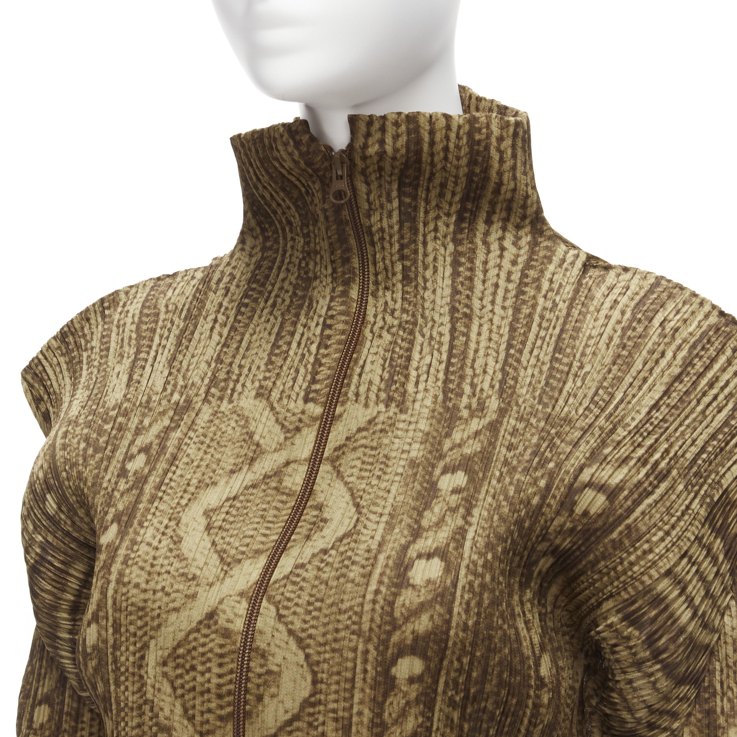 Issey Miyake ISSEY MIYAKE PLEATS PLEASE brown tromp loeil cable knit zip up jacket JP4 XL Size L / US 10 / IT 46 - 2 Thumbnail