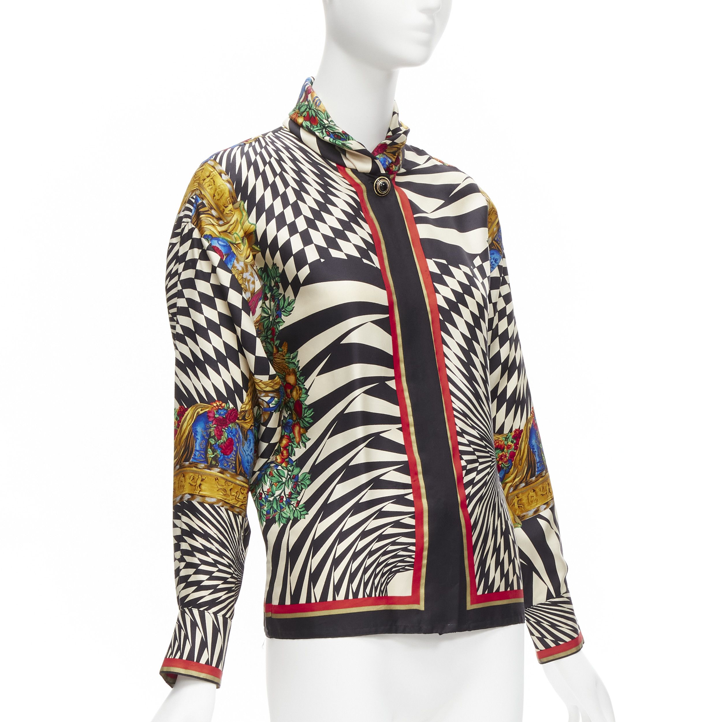 Versace GIANNI VERSACE Vintage baroque royal optical graphic print gold button collar shirt IT38 XS Size XS / US 0-2 / IT 36-38 - 3 Thumbnail