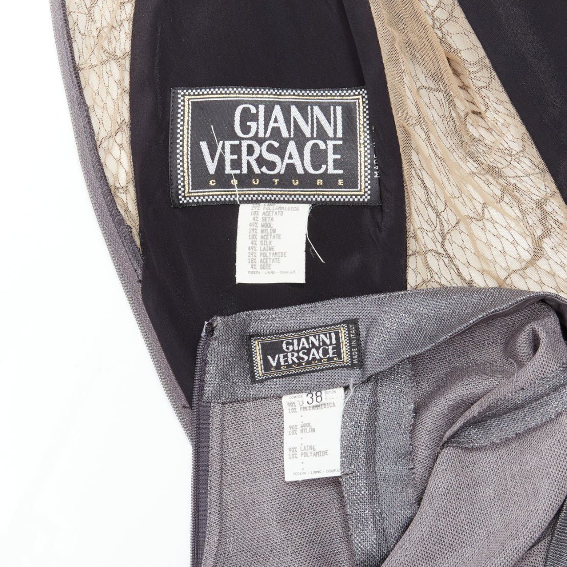 Versace GIANNI VERSACE Vintage Runway grey lurex nude lace mesh illusion panel vest pants suit set IT38 XS Size 26" / US 2 / IT 38 - 12 Thumbnail