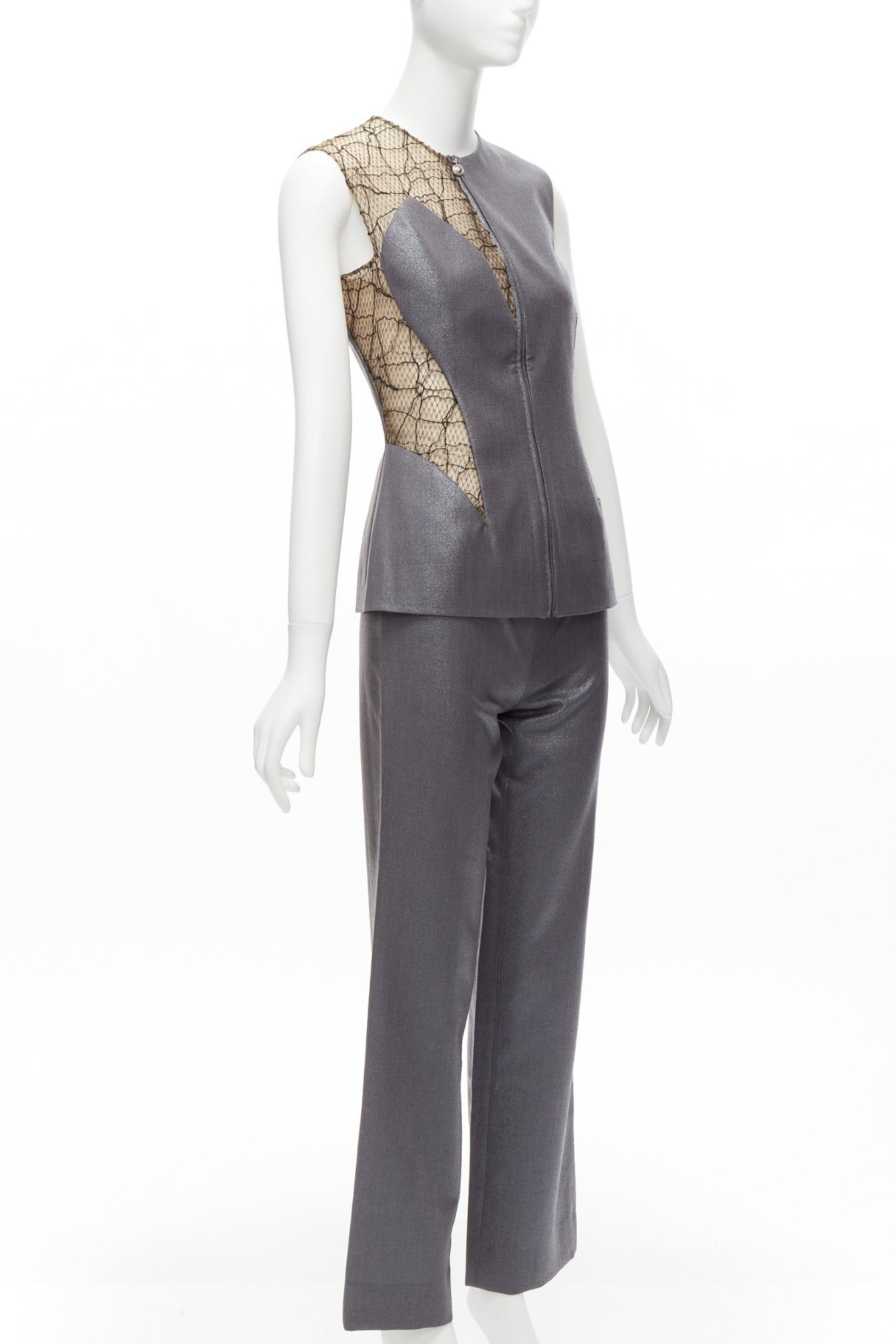 Versace GIANNI VERSACE Vintage Runway grey lurex nude lace mesh illusion panel vest pants suit set IT38 XS Size 26" / US 2 / IT 38 - 4 Thumbnail